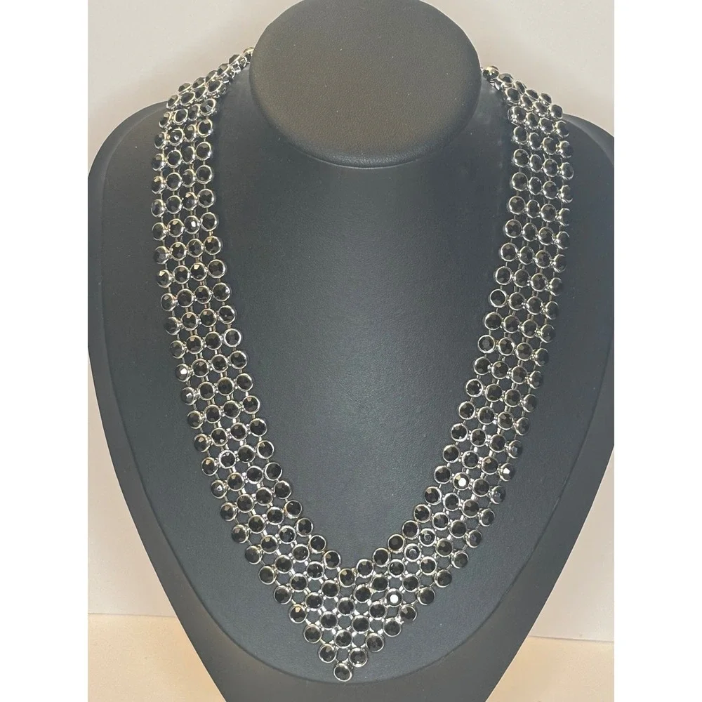 Black Rhinestone V Shape Statement Necklace Silver Tone Mesh Bib Collar 23 Inch